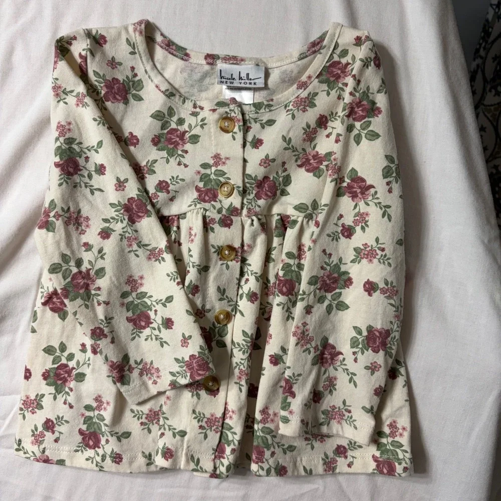 Nicole Miller New York Girls 2T Floral Peplum Top Long Sleeve Button Front Cream